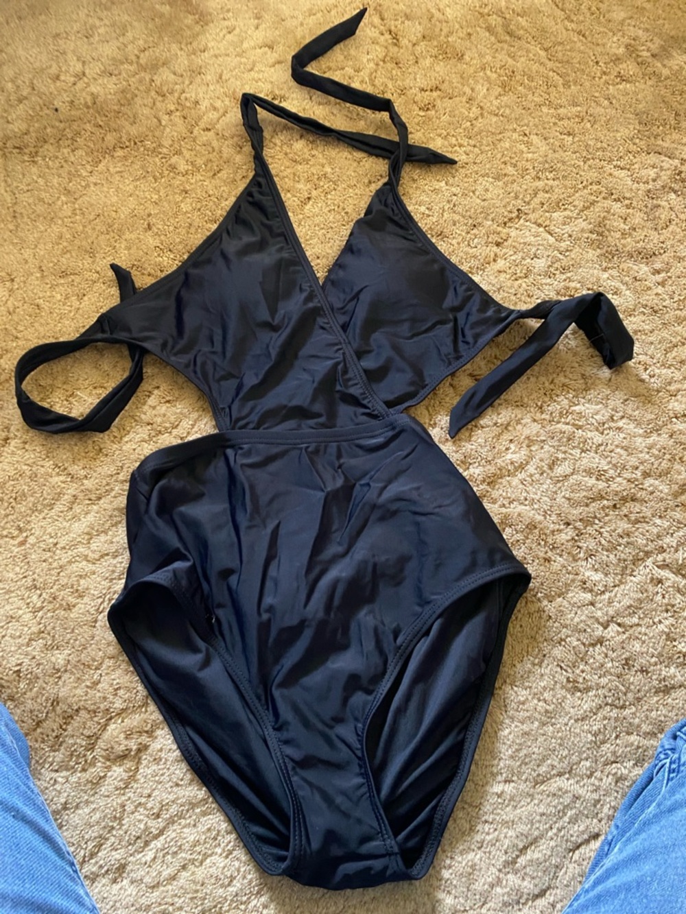 Black One-Piece Plunge Halter Swimsuit